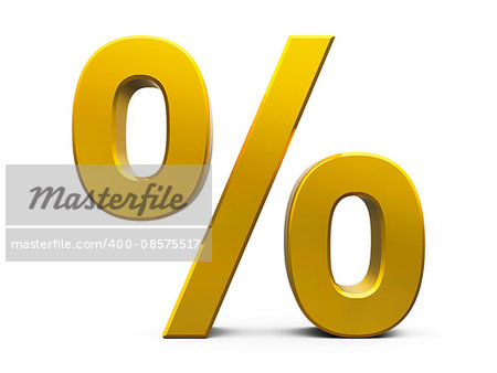 Gold percent sign isolated on white background, three-dimensional rendering