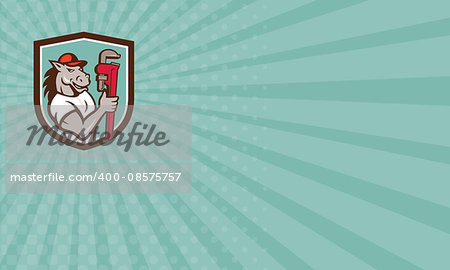 Business card showing illustration of a horse plumber holding monkey wrench set inside shield crest on isolated background done in cartoon style.