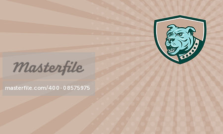 Business card showing illustration of a mastiff dog mongrel viewed from the side set inside shield crest on isolated background done in cartoon style.