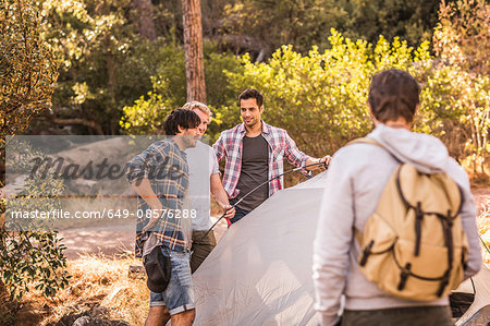 Four men putting up dome tent in forest, Deer Park, Cape Town, South Africa