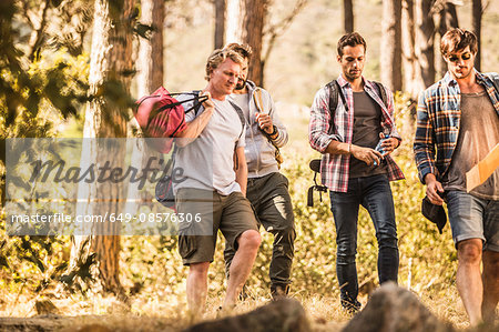 Four male hikers hiking in forest, Deer Park, Cape Town, South Africa