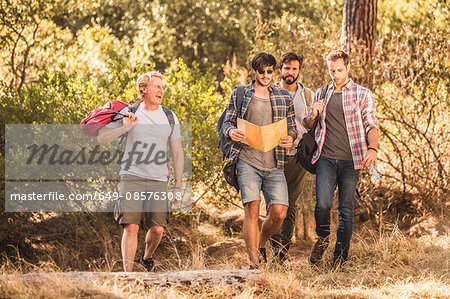 Four male hikers hiking through forest, Deer Park, Cape Town, South Africa