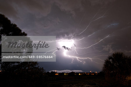 Lightning seems to explode from one point into a spider, lighting up the sky in Rockledge, Florida, USA