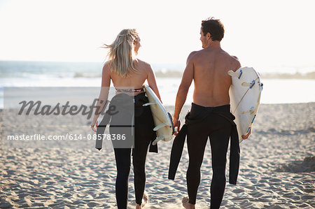 Rear view of surfing couple carrying surfboards on Venice Beach, California, USA