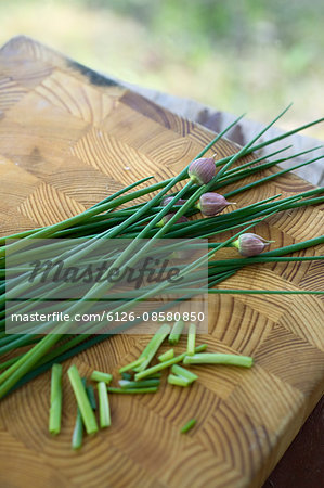 Finland, Varkaus, Chive on cutting board