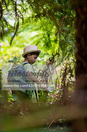 Boy examining the plants with magnifying glass