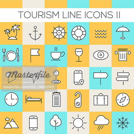 Thin line tourism icons on colored squares, set 2
