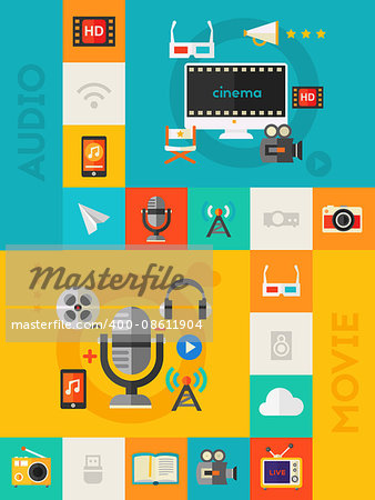 Audio and Video Production, Motion Graphic and Podcast concept. Flat material style vector illustration online web vertical banner with flat colored icons collection