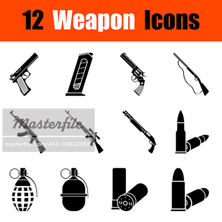 Set of twelve weapon black icons. Vector illustration.