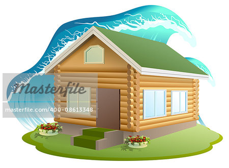 Property insurance. Wooden house was flooded with water. Flooding tsunami. Illustration in vector format