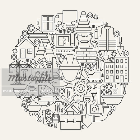 Construction Tools Line Icons Set Circle Shape. Vector Illustration of Modern Building Equipment Objects.