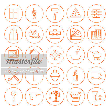 Line Building and Construction Icons Set. Vector Set of Modern Thin Outline Icons of Industrial Tools Circle Shaped Isolated over White Background.