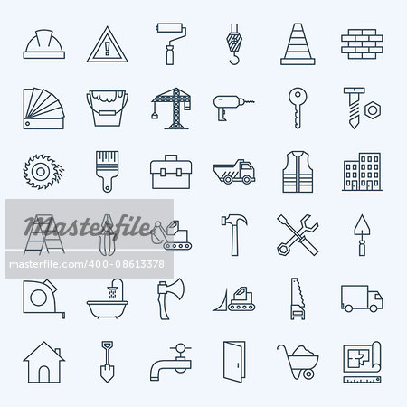 Line Construction Tools Icons Set. Vector Set of Modern Thin Outline Building Tools and Industrial Items.