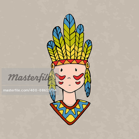 Cute little indian boy with handband and feathers. Vector illustration