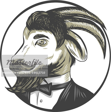 Drawing sketch style illustration of a goat ram with big horns and moustache beard owearing tie tuxedo suit looking to the side set inside circle.