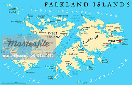 Falkland Islands, also Malvinas, political map with capital Stanley, administered under United Kingdom, claimed by Argentina. English labeling and scaling. Illustration.