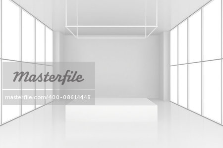 pedestal in white room with windows. 3d render.