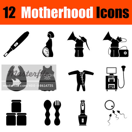 Set of twelve motherhood black icons. Vector illustration.