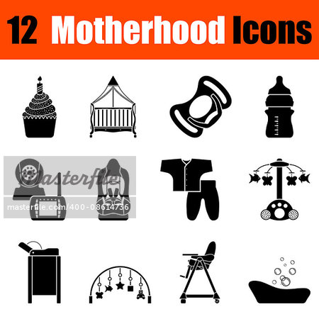 Set of twelve motherhood black icons. Vector illustration.