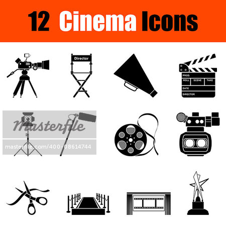 Set of twelve cinema black icons. Vector illustration.