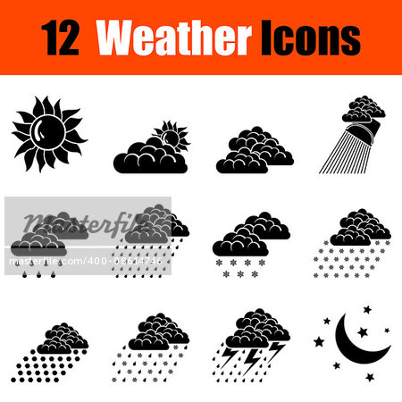 Set of twelve weather black icons. Vector illustration.