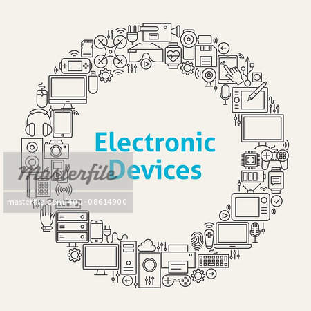 Electronic Devices Line Art Icons Set Circle. Vector Illustration of Technology and Gadgets Objects.