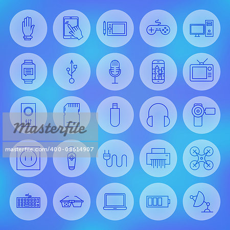 Line Circle Web Gadgets and Devices Icons Set. Vector Collection of Modern Thin Outline Icons of Technology and Electronics Circle Shaped over Blurred Background.