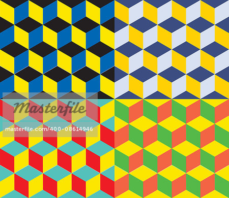 Set of four seamless geometric colorful vector background. Cube shapes. Optical illusion 4 in 1 Colors red yellow and green