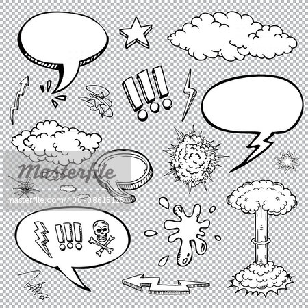 Vector set of comic bubbles and elements with halftone shadows