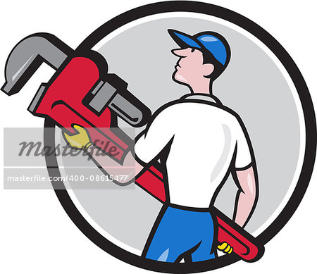 Illustration of a plumber wearing hat walking lifting giant monkey wrench looking to the side viewed from rear set inside circle on isolated background done in cartoon style.