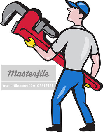 Illustration of a plumber wearing hat walking lifting giant monkey wrench looking to the side viewed from rear set on isolated white background done in cartoon style.