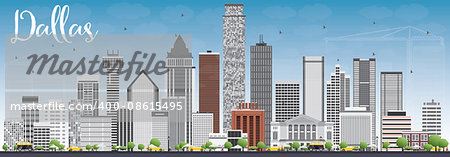 Dallas Skyline with Gray Buildings and Blue Sky. Vector Illustration. Business Travel and Tourism Concept with Modern Buildings. Image for Presentation Banner Placard and Web Site.