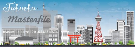 Fukuoka Skyline with Gray Landmarks and Blue Sky. Vector Illustration. Business Travel and Tourism Concept with Historic Buildings. Image for Presentation Banner Placard and Web Site.