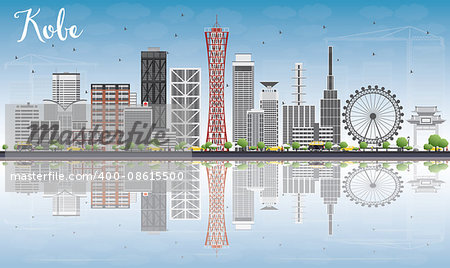 Kobe Skyline with Gray Buildings, Blue Sky and reflections. Vector Illustration. Business and Tourism Concept with Modern Buildings. Image for Presentation, Banner, Placard or Web Site.