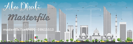 Abu Dhabi City Skyline with Gray Buildings and Blue Sky. Vector Illustration. Business Travel and Tourism Concept with Modern Buildings. Image for Presentation, Banner, Placard and Web Site.