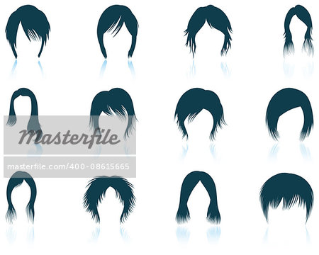 Set of twelve woman's hairstyles  icons with reflections. Vector illustration.