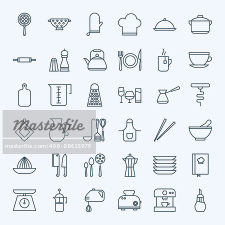 Line Cooking Utensils and Kitchenware Icons Set. Vector Set of Modern Thin Outline Kitchen Tools Items.