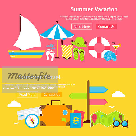 Summer Travel Vacation Flat Website Banners Set. Vector Illustration for Website banner and landing page. Summertime and Beach Resort Modern Design.