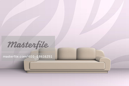 Three seater sofa with cushions in a room with patterned walls.