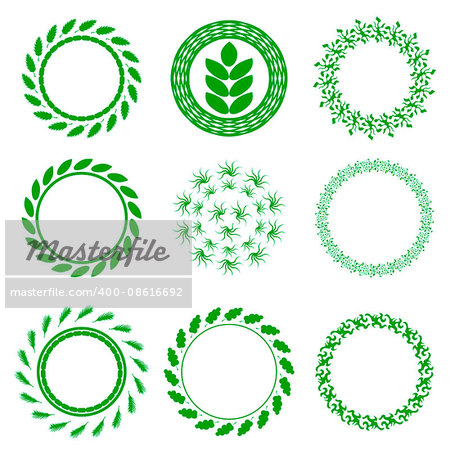 Set of Green Circle Floral Frames Isolated on White Background