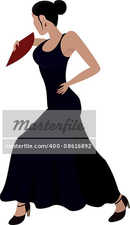 Flamenco dancer in long dark dress  with a red  fan