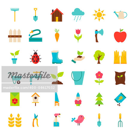 Big Spring Garden Objects Set. Flat Design Vector Illustration. Collection of Nature Gardening Items isolated over White.