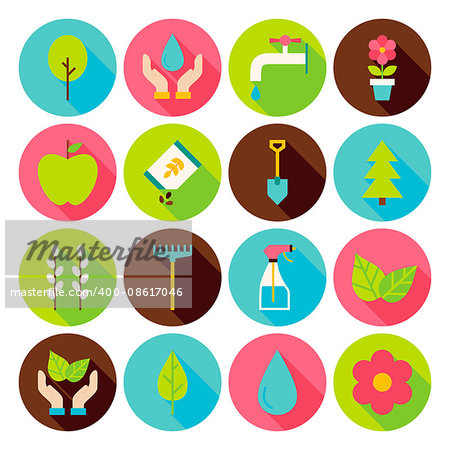 Spring Gardening Circle Icons Set with long Shadow. Flat Design Vector Illustration. Collection of Nature Garden website Icons.