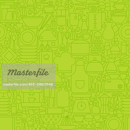 Thin Green Kitchen Appliances and Cooking Line Seamless Pattern. Vector Website Design and Seamless Background in Trendy Modern Outline Style. Kitchenware Utensils.