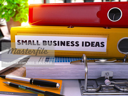 Small Business Ideas - Yellow Office Folder on Background of Working Table with Stationery and Laptop. Small Business Ideas Business Concept on Blurred Background. 3D.