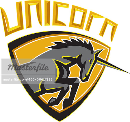 Illustration of a unicorn horse head charging viewed from the side set inside shield crest done in retro style with the word UNICORN above image