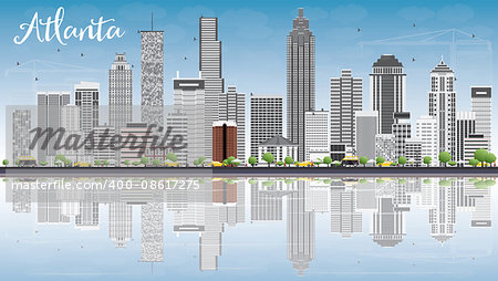 Atlanta Skyline with Gray Buildings, Blue Sky and Reflections. Vector Illustration. Business Travel and Tourism Concept with Modern Buildings. Image for Presentation Banner Placard and Web Site.