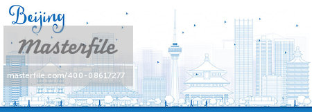 Outline Beijing Skyline with Blue Buildings. Vector Illustration. Business travel and tourism concept with historic buildings. Image for presentation, banner, placard and web site.