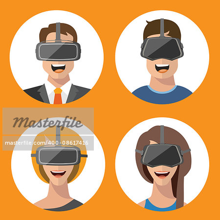 Virtual reality VR glasses man and woman vector flat icons