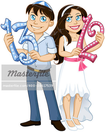 Vector illustration of Jewish boy and girl holding the numbers 13 and 12 for Bar and Bat Mitzvah.